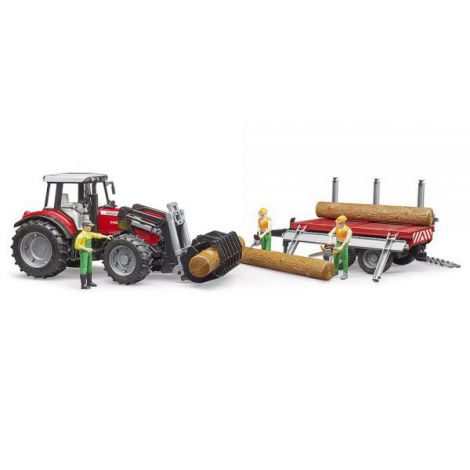 BRUDER - TRACTOR MASSEY FERGUSON 7480 CU INCARCATOR FRONTAL SI REMORCA PENTRU LEMNE - imagine 8